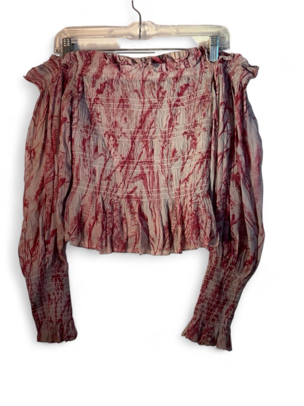All Saints Off-Shoulder Smocked Blouse in Dusty Pink and Cream - Picture 3 of 8
